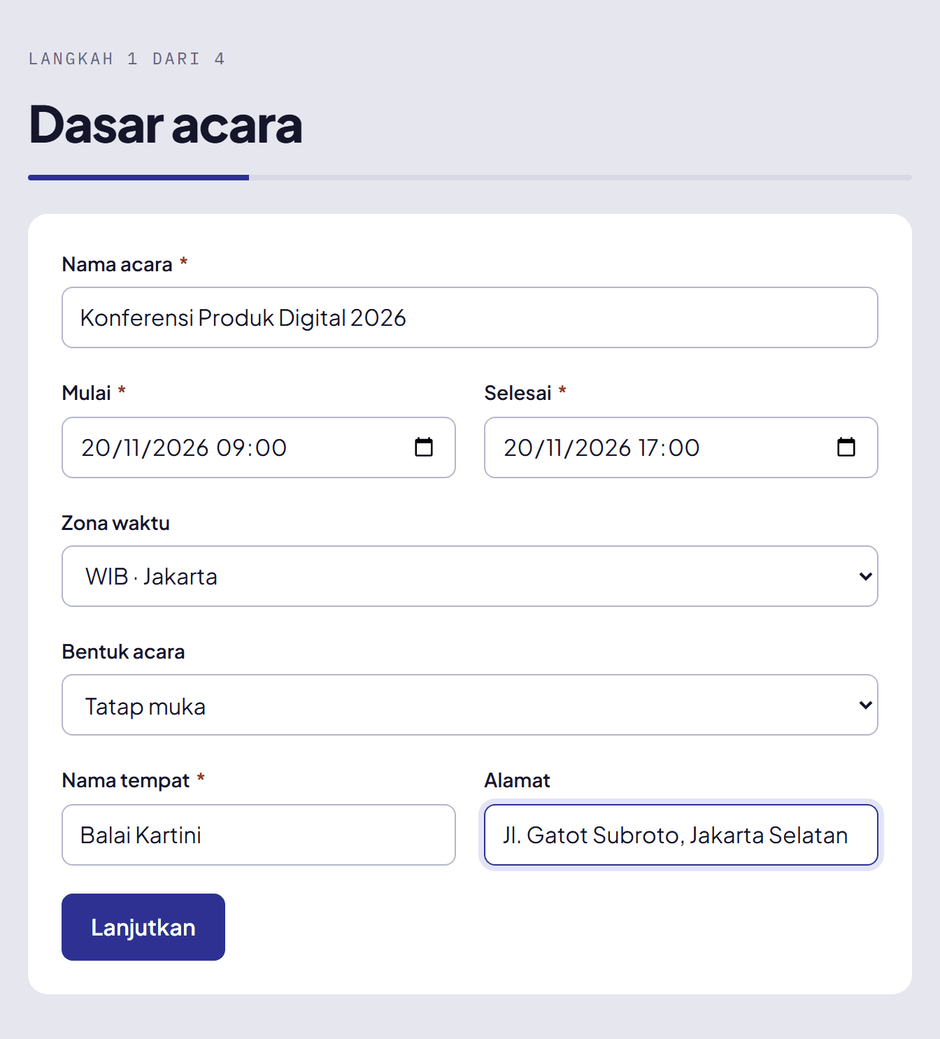 Formulir dasar acara terisi dengan nama, tanggal, dan lokasi