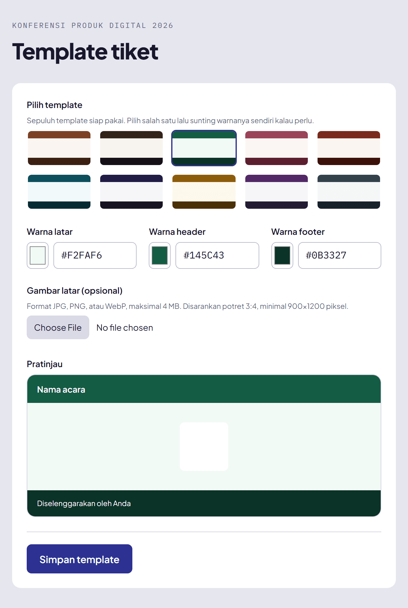Pemilih template tiket dengan pratinjau tiket berwarna hijau