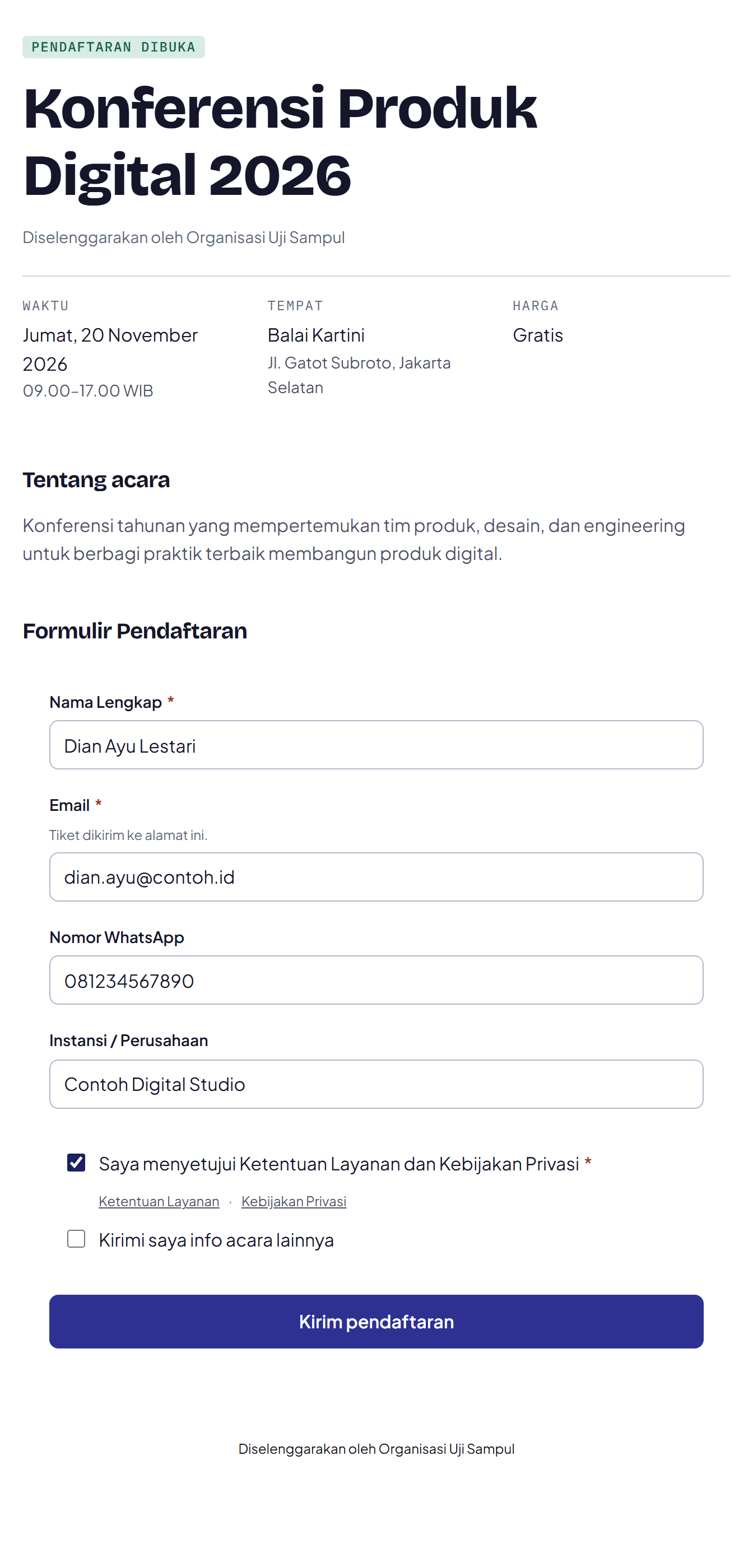 Formulir pendaftaran publik yang sudah terisi lengkap