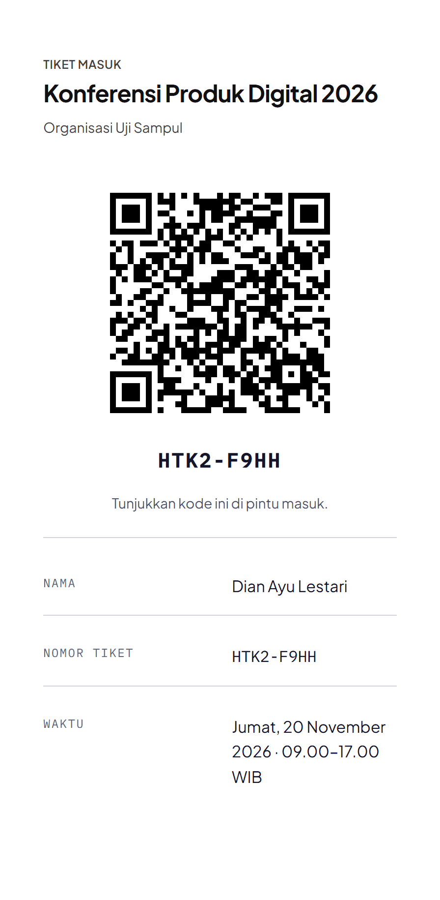 Tiket masuk ber-kode QR dengan nama pendaftar