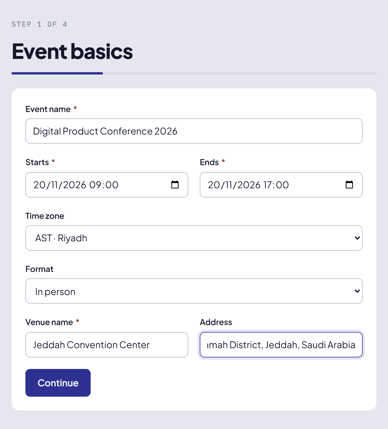 Basic event details form filled in with a name, date, and location