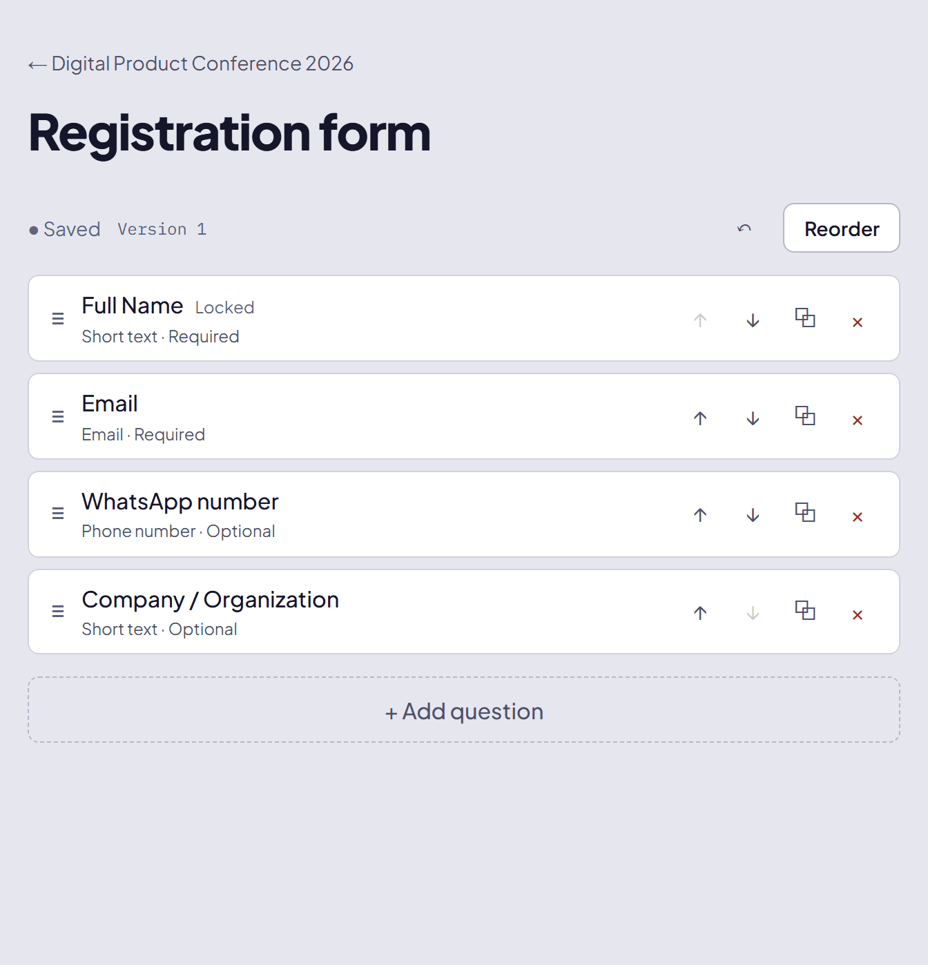 Registration form builder showing four questions