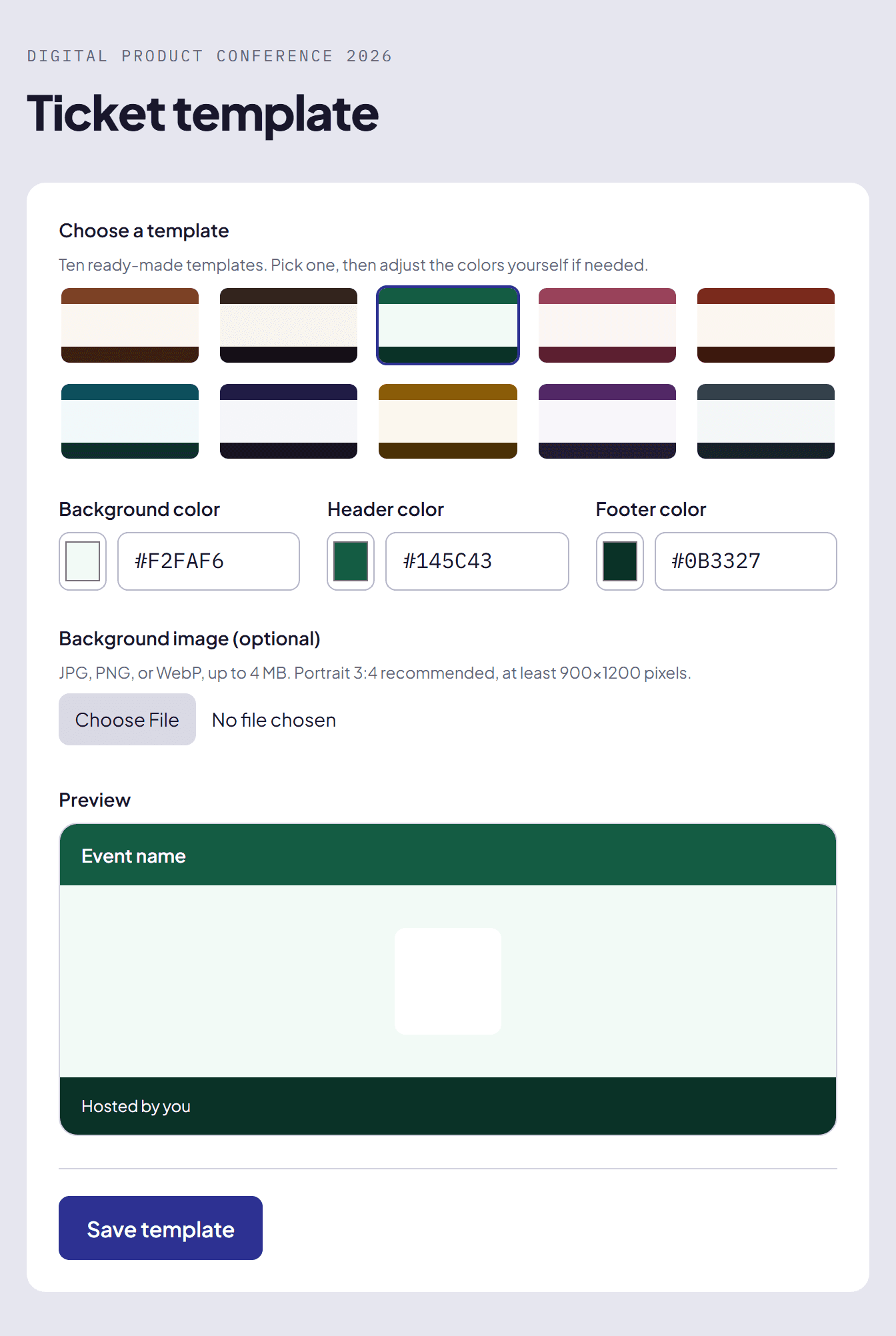 Ticket template picker with a green ticket preview