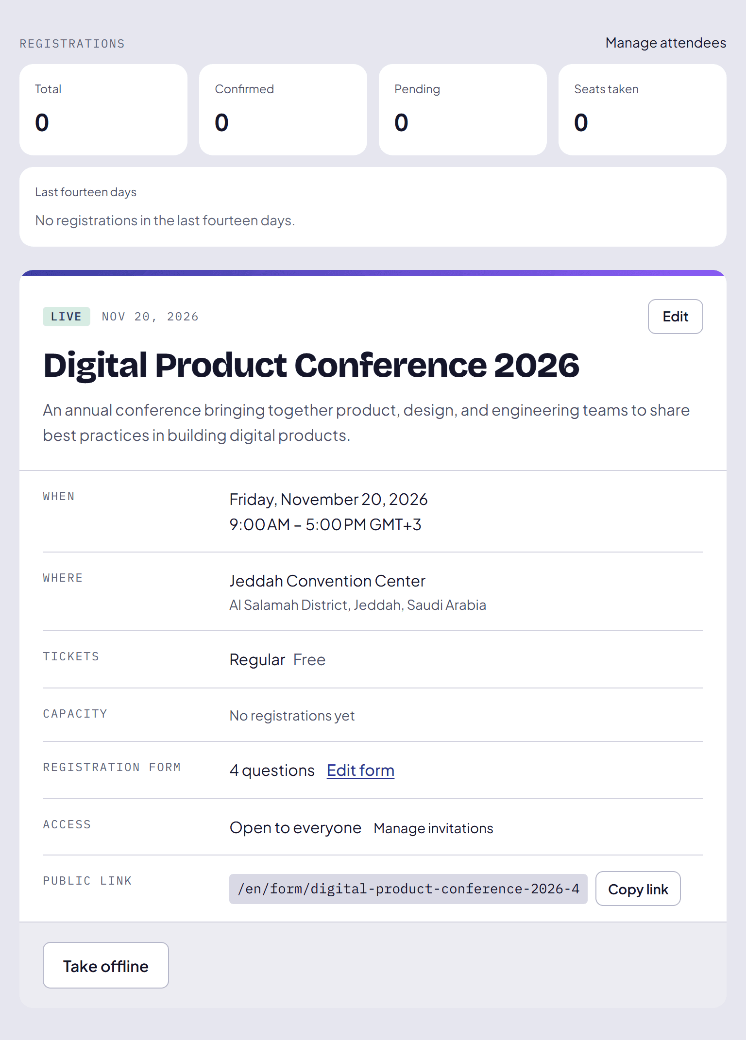 Published event page showing its public registration link