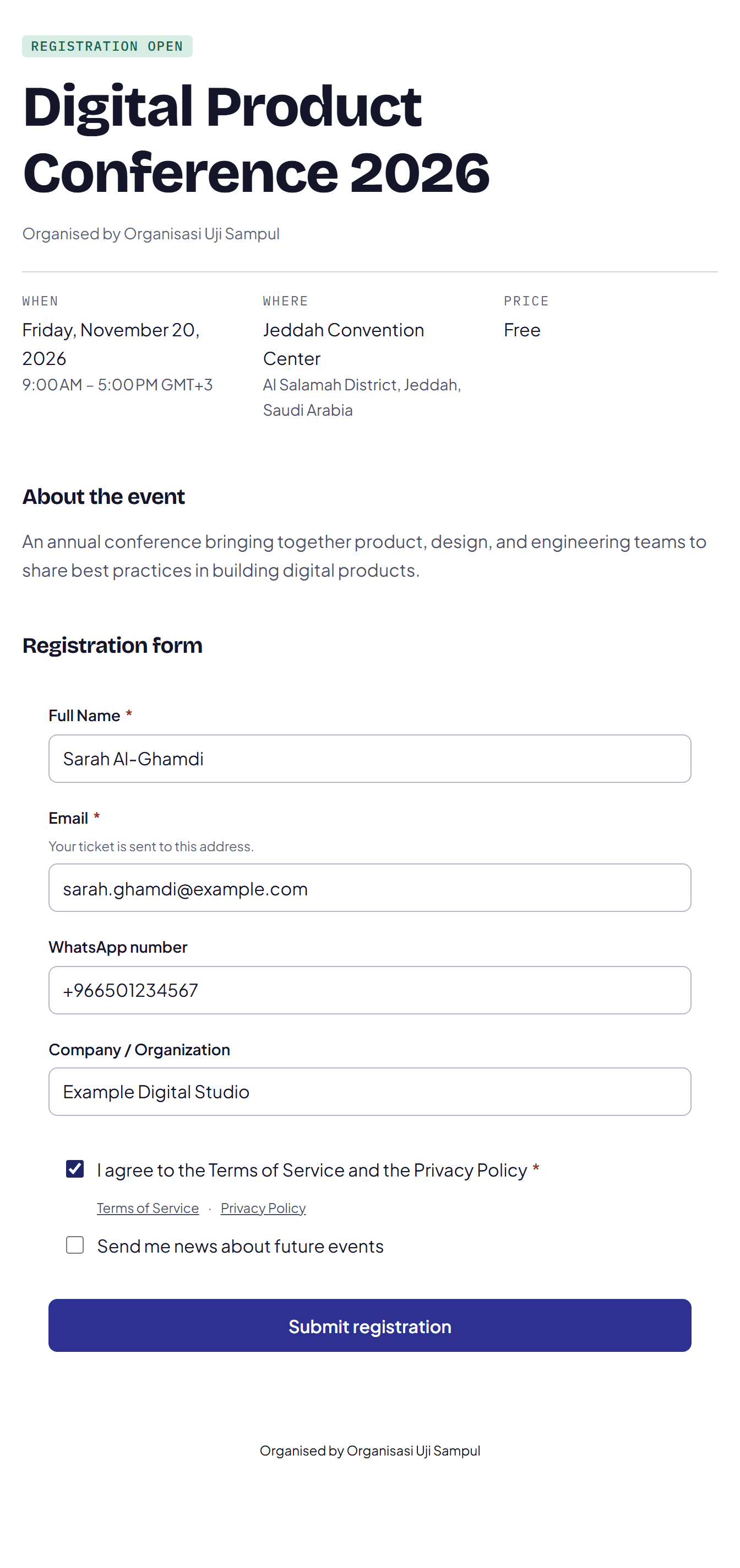 Filled-in public registration form ready to submit