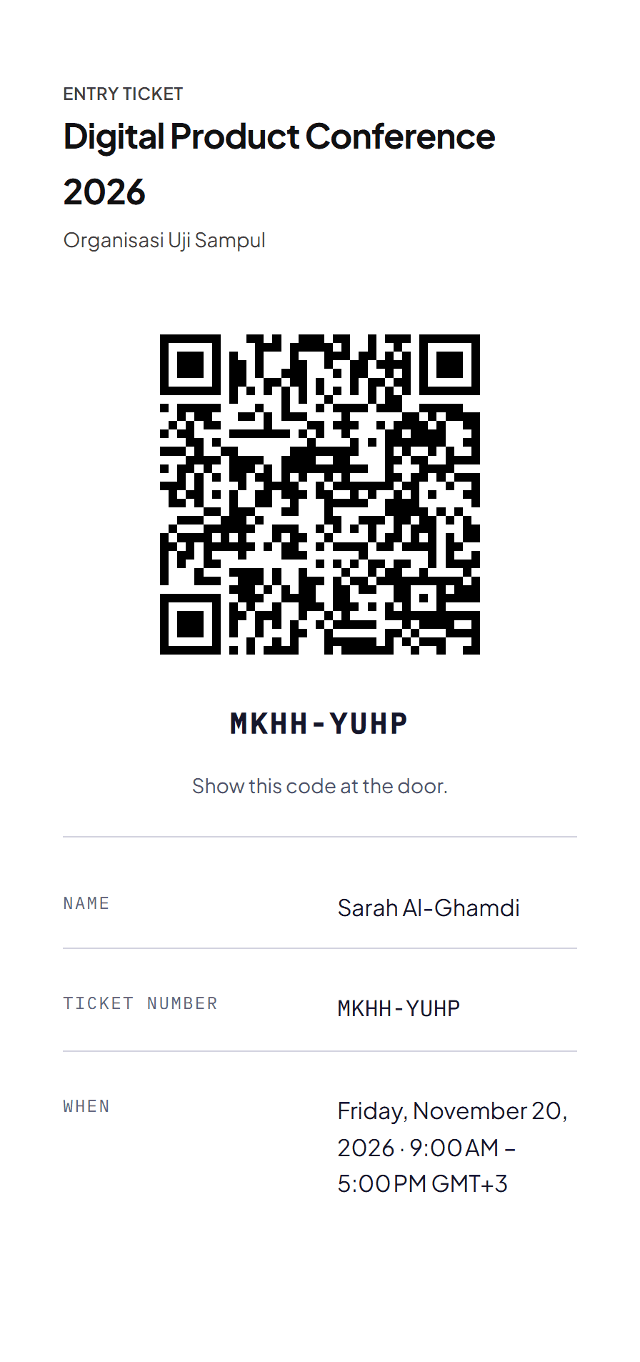 Entry ticket with a QR code and the registrant's name
